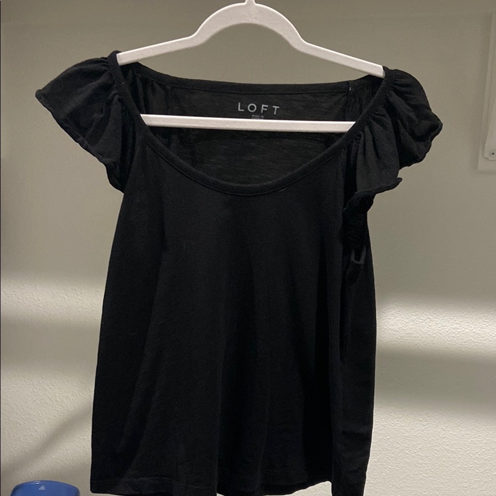 LOFT Black Puff Sleeve Ruffled Blouse